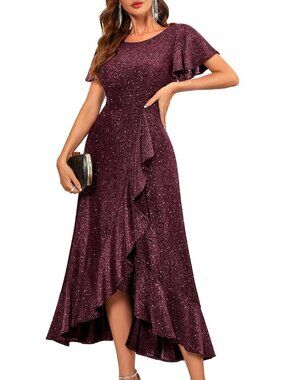 Women's Maroon Sequin Bride Wedding Stunning Evening Gowns Formal Events Dresses